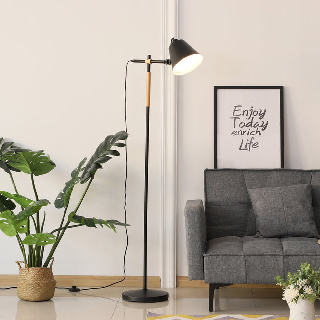 Industrial floor lamp - wood & metal, black/natural, 40W