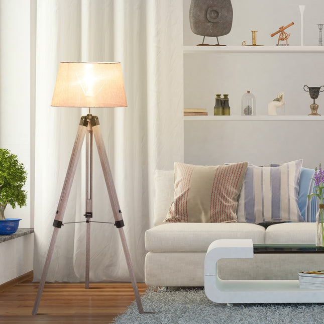 Height-adjustable stand floor lamp, wood & linen, Scandinavian design