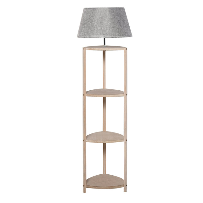 Scandinavian wooden floor lamp with shelf and linen shade