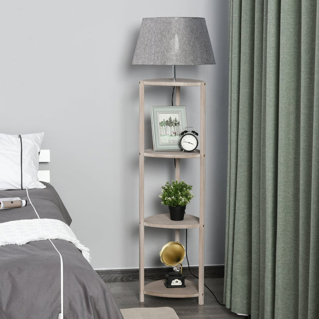 Scandinavian wooden floor lamp with shelf and linen shade