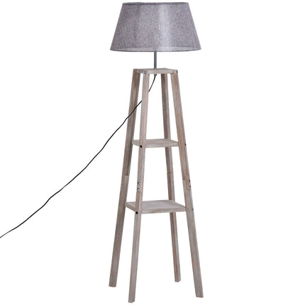 Scandinavian floor lamp with shelf, pine & linen