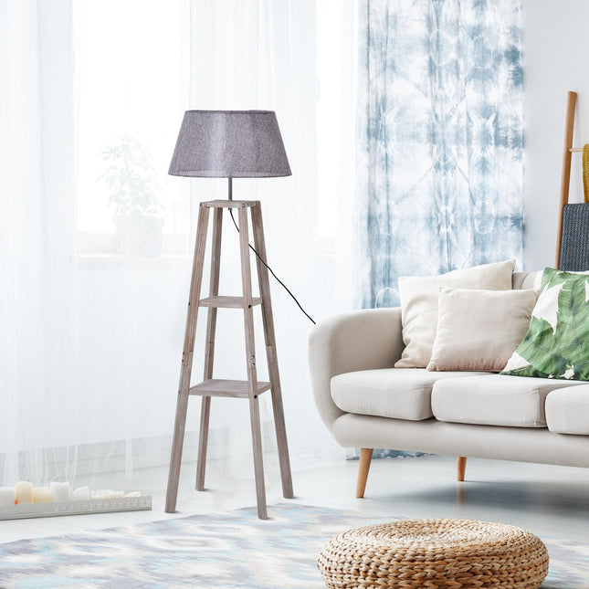 Scandinavian floor lamp with shelf, pine & linen