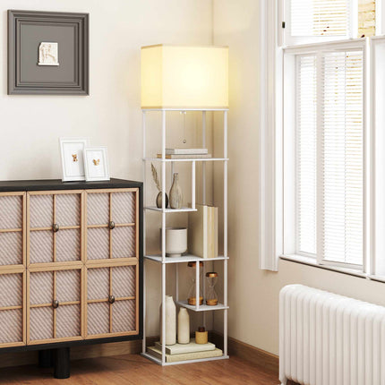 Floor Lamp With Shelves, Dimmable Remote, White