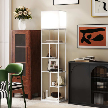 Floor Lamp With Shelves, Dimmable Remote, White