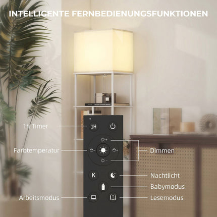 Floor Lamp With Shelves, Dimmable Remote, White