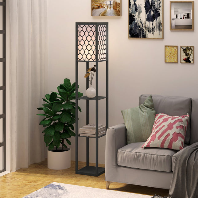 Floor lamp with shelves - black wood, 160cm, E27 40W
