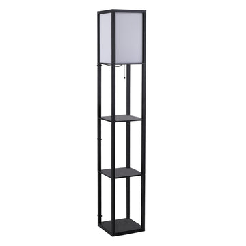 Black wooden floor lamp with shelves, E27 base, 160cm