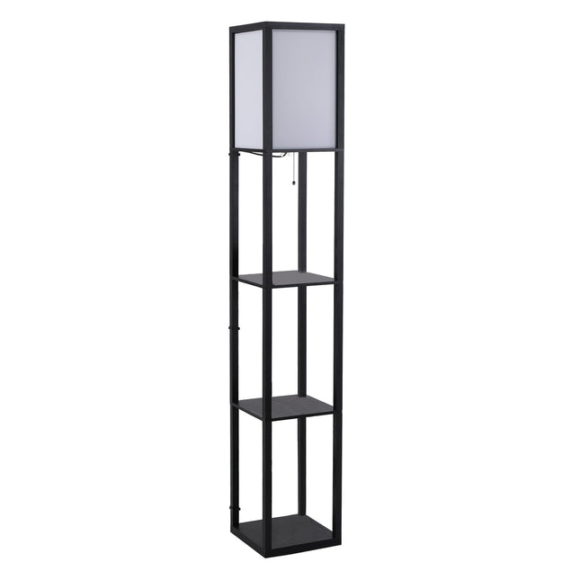 Black wooden floor lamp with shelves, E27 base, 160cm