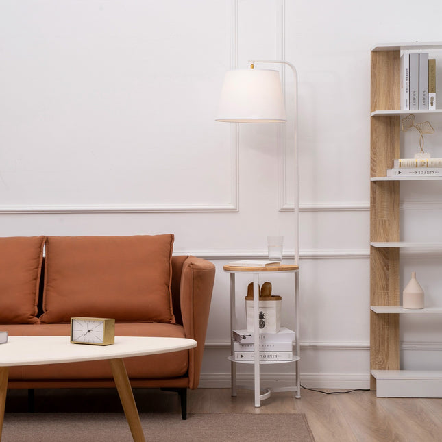 Floor lamp with shelves and table, E27, White metal
