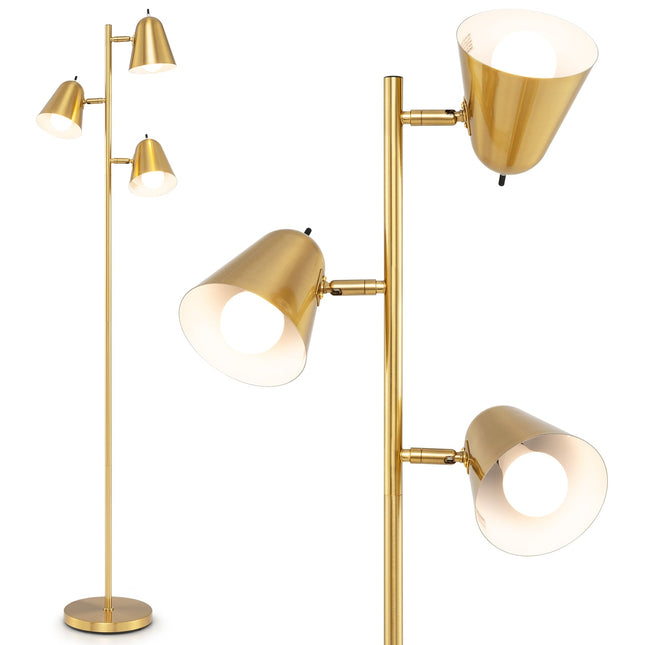 Floor Lamp with 3 Adjustable E27 LED Bulbs, Gold, 163cm