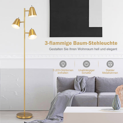 Floor Lamp with 3 Adjustable E27 LED Bulbs, Gold, 163cm