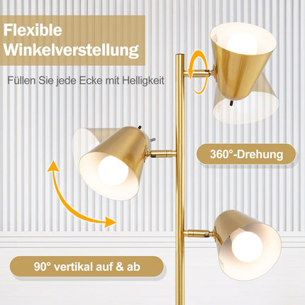 Floor Lamp with 3 Adjustable E27 LED Bulbs, Gold, 163cm