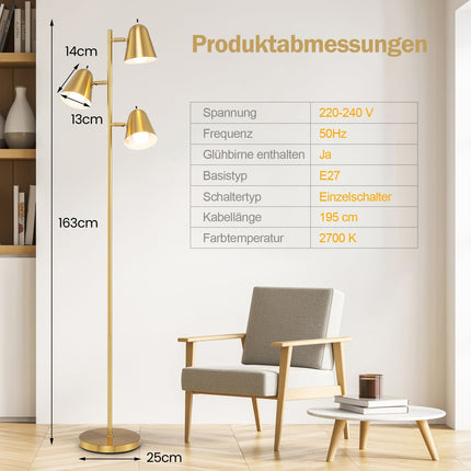 Floor Lamp with 3 Adjustable E27 LED Bulbs, Gold, 163cm