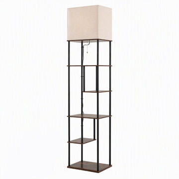 Floor Lamp with 5 Shelves 172 cm, Linen Shade, E27 Socket, Pull-Cord Switch