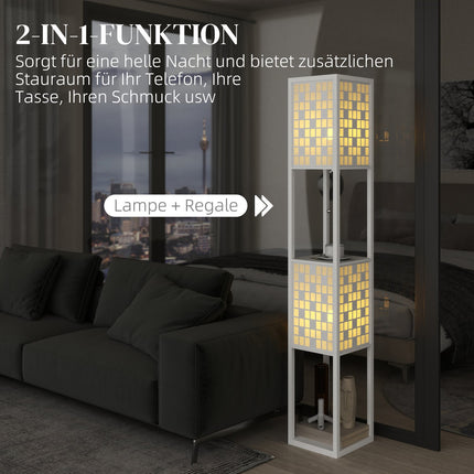 Floor Lamp with Lattice Shade and Dual Shelves, White