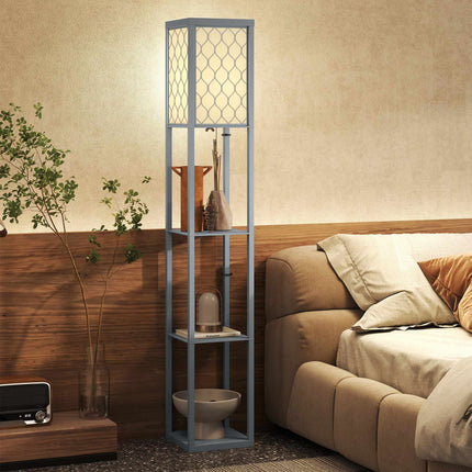 Floor Lamp with Shelf, 3 Tiers, Compact MDF, Light Grey