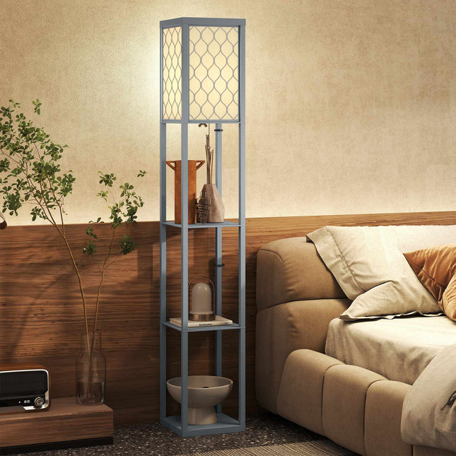 Floor Lamp with Shelf, 3 Tiers, Compact MDF, Light Grey