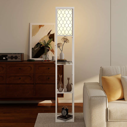 Floor Lamp with Shelf, 3 Tiers, MDF, White