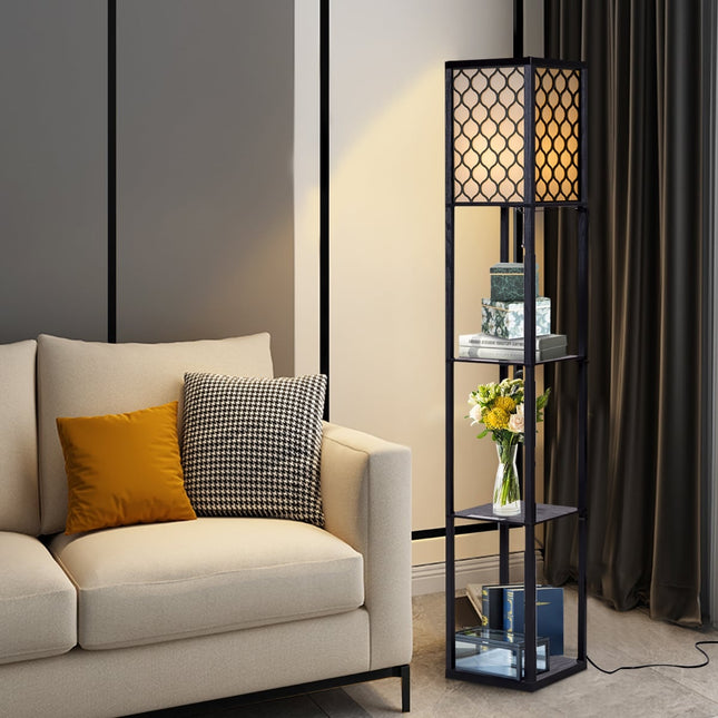 Floor Lamp with Shelves, Black Wood, Cream Shade, 160cm