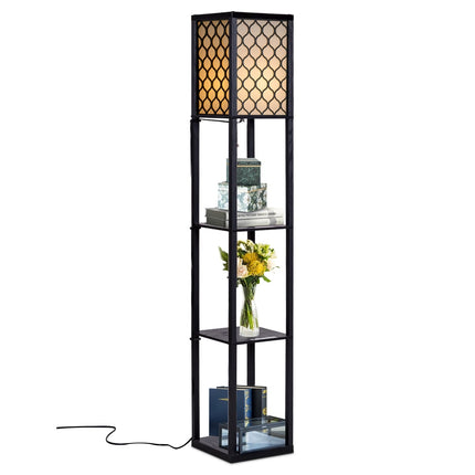 Floor Lamp with Shelves, Black Wood, Cream Shade, 160cm