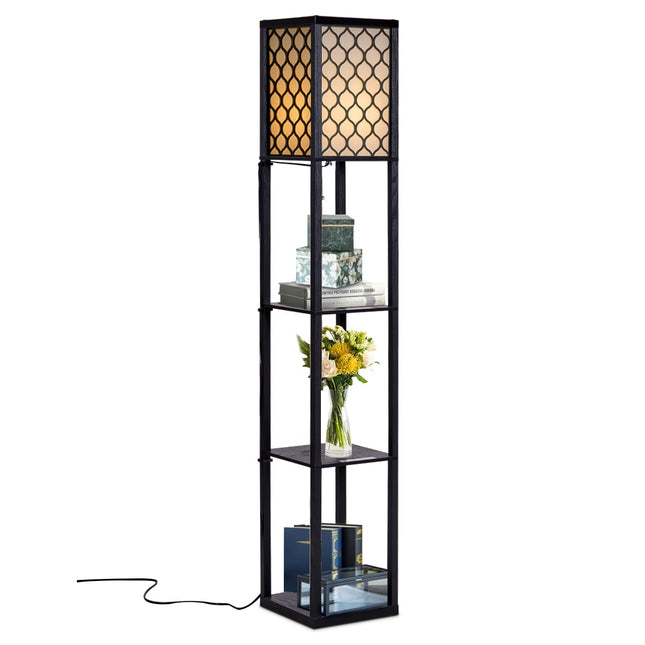 Floor Lamp with Shelves, Black Wood, Cream Shade, 160cm