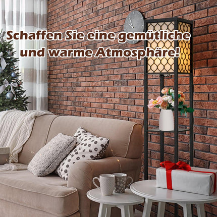 Floor Lamp with Shelves, Black Wood, Cream Shade, 160cm