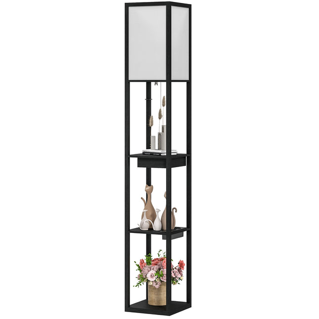 Floor lamp with fabric shade, USB ports, white & black