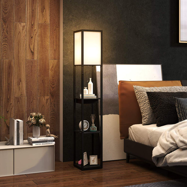 Floor lamp with fabric shade, USB ports, white & black