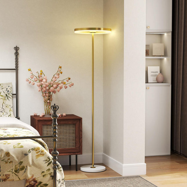 Floor lamp, foot switch, metal structure, acrylic shade, 4000K, dimmable, gold-colored