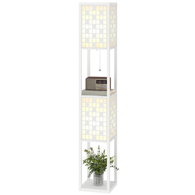 Floor Lamp with Lattice Shade and Dual Shelves, White