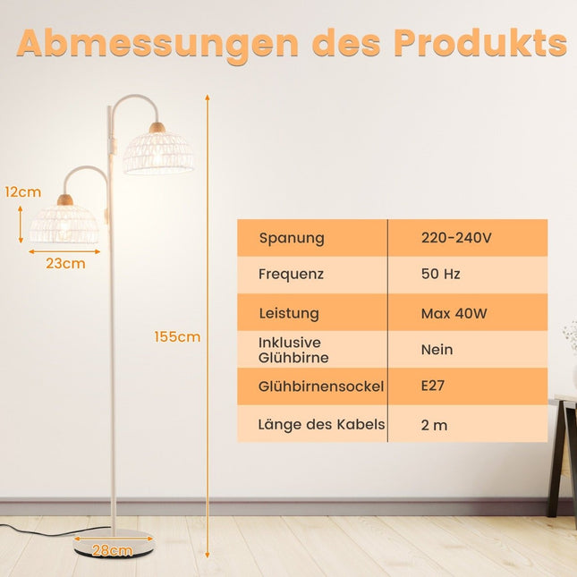 Floor lamp with 2 lights & foot switch 350° rotatable tree lamp woven lampshades