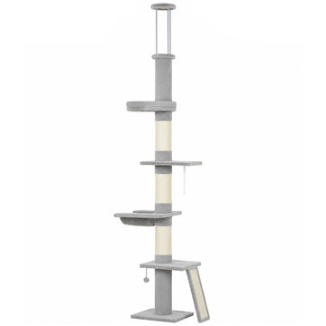 Floor-to-Ceiling Cat Tree 230-260 cm with 5 Levels, 3 Sisal Posts, Light Grey