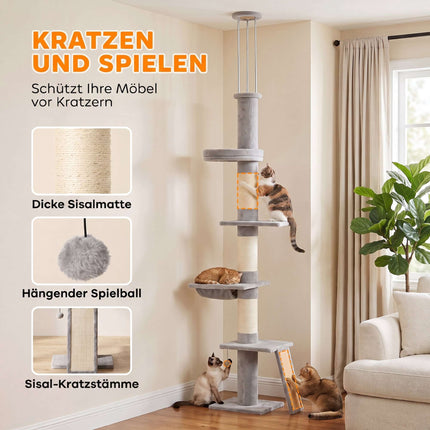 Floor-to-Ceiling Cat Tree 230-260 cm with 5 Levels, 3 Sisal Posts, Light Grey