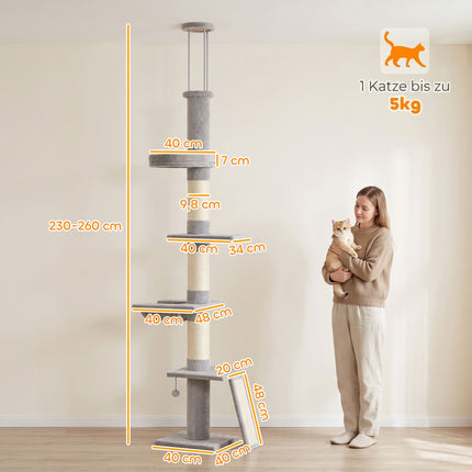 Floor-to-Ceiling Cat Tree 230-260 cm with 5 Levels, 3 Sisal Posts, Light Grey