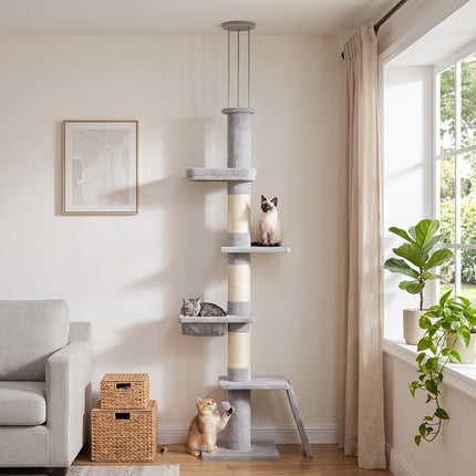 Floor-to-Ceiling Cat Tree 230-260 cm with 5 Levels, 3 Sisal Posts, Light Grey
