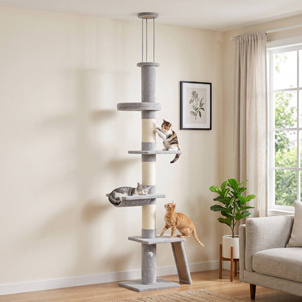 Floor-to-Ceiling Cat Tree 230-260 cm with 5 Levels, 3 Sisal Posts, Light Grey