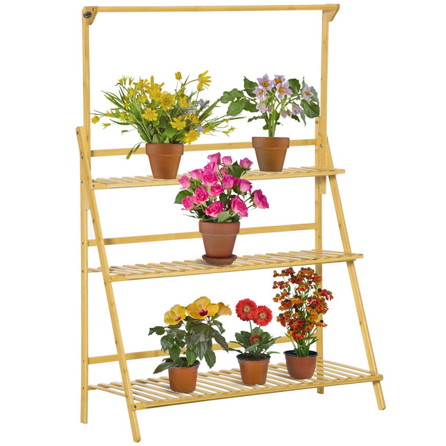 Wooden ladder shelf with flowers - adjustable height, natural bamboo
