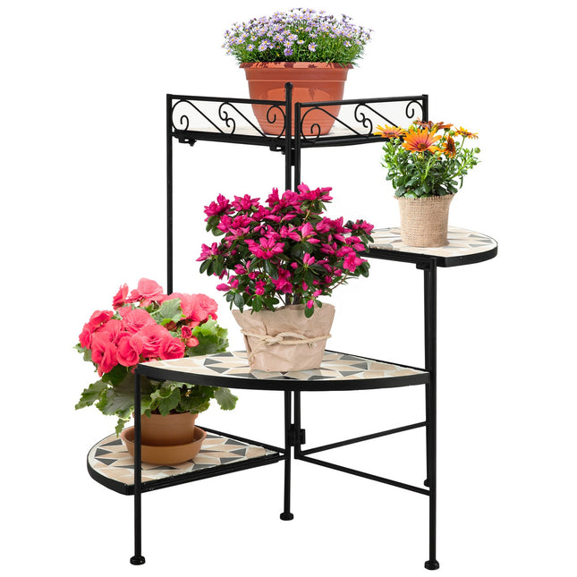 Folding flower stand in metal with ceramic plates, 4 steps