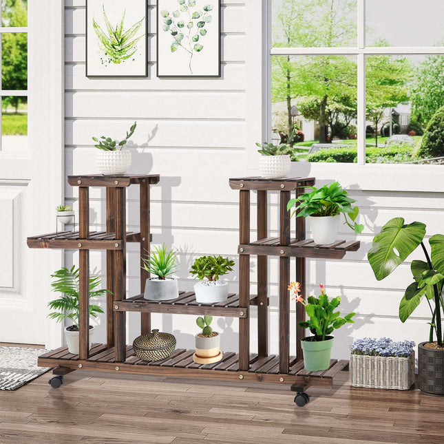 Plant shelf in solid wood in four levels, charred finish