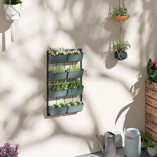 Wall-hung flower stand with 8 pots - Dark green