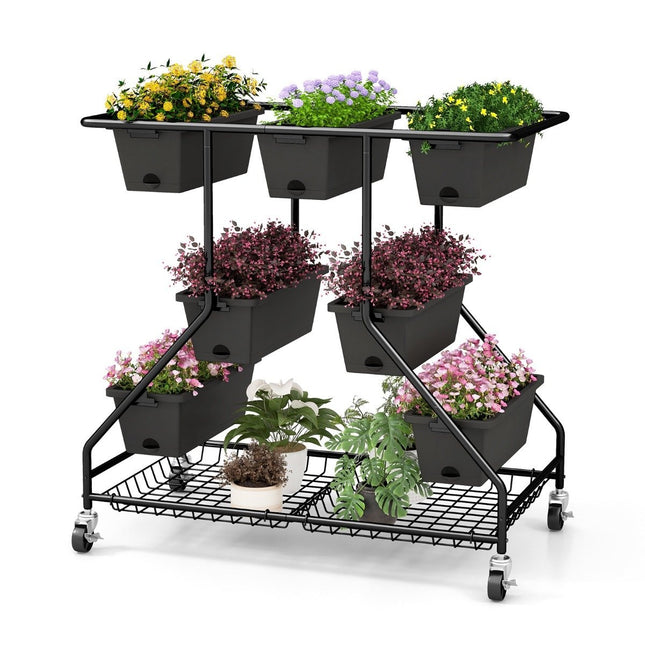 Flower stand with flower boxes flower stairs with wheels 100 x 56 x 99 cm black