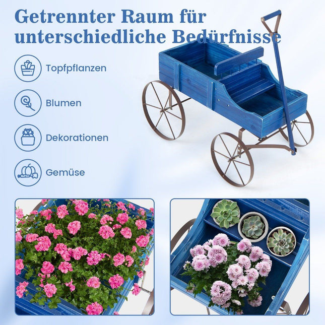 Flower stand wooden trolley plant trolley flower trolley with metal wheels 62 x 34 x 60 cm blue