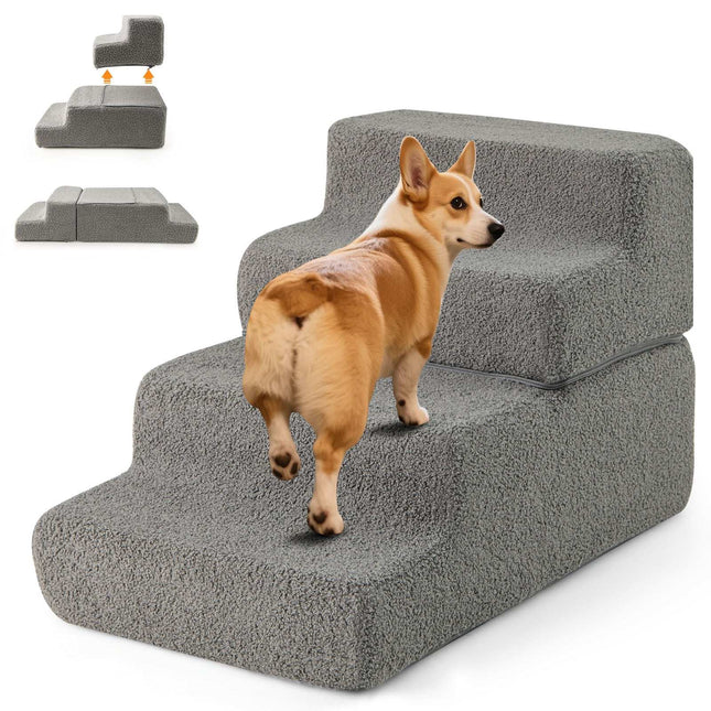 Foam Pet Stairs, 4-Step, Non-Slip, Washable Cover, Gray