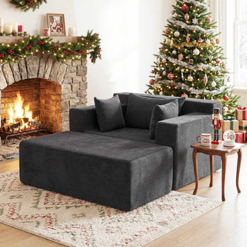 Foam Sofa & Ottoman Set with Pillows – Grey Corduroy