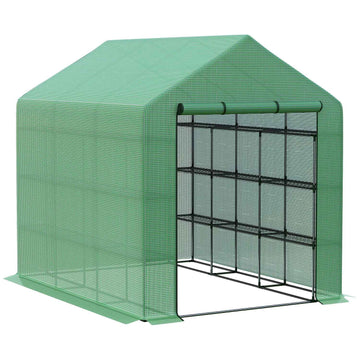 Walk-In greenhouse with 8 shelves, steel frame, green