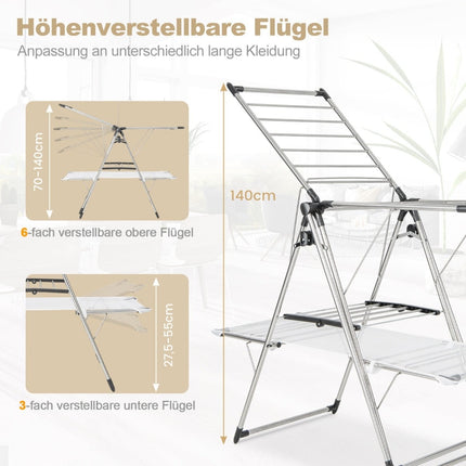 Foldable 2-Tier Clothes Drying Rack, Adjustable Stainless Steel