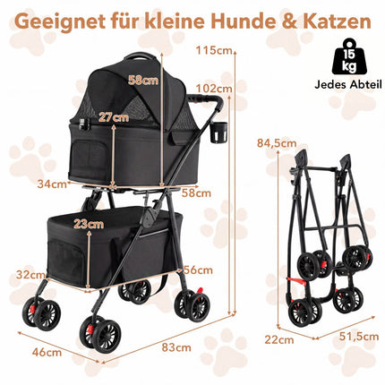 Foldable 3-in-1 Pet Stroller with Dual Carriers, Black