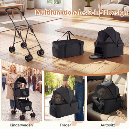 Foldable 3-in-1 Pet Stroller with Dual Carriers, Black