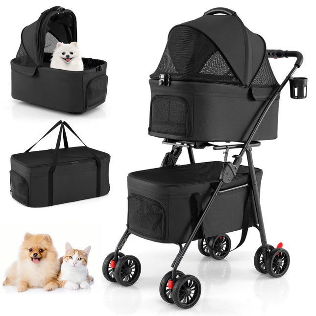 Foldable 3-in-1 Pet Stroller with Dual Carriers, Black