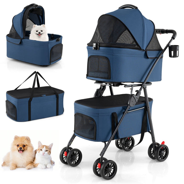 Foldable 3-in-1 Pet Stroller with Dual Carriers, Blue